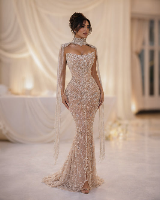 Champagne Lace Illusion Corset Gown with Beaded Choker Cape