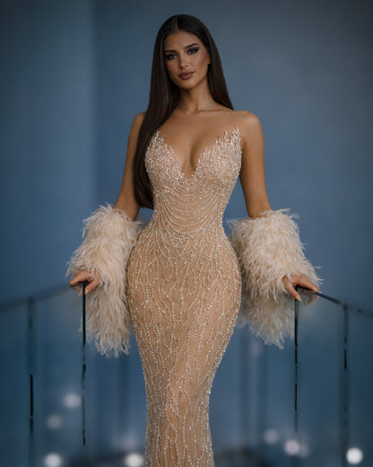 Nude Crystal Deep V Feather Gown