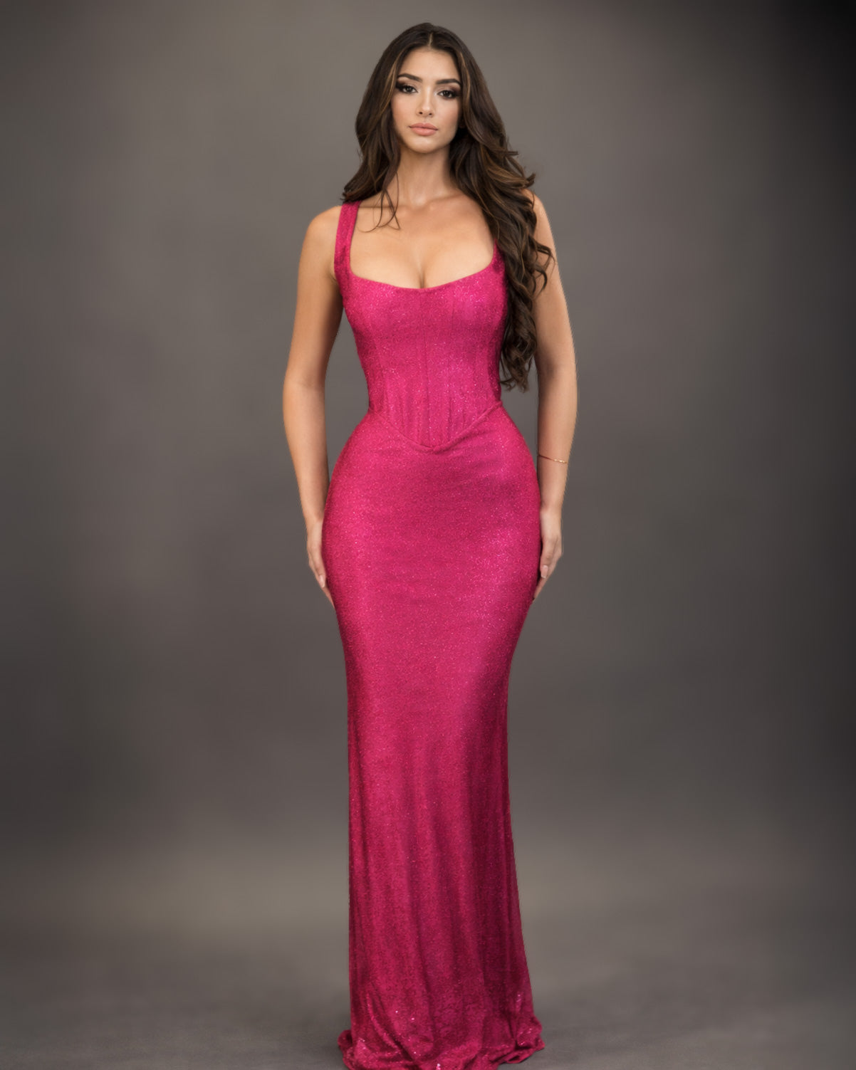 Fuchsia Corset Column Dress with Scoop Neckline
