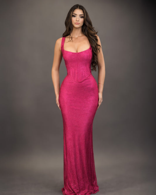 Fuchsia Corset Column Dress with Scoop Neckline