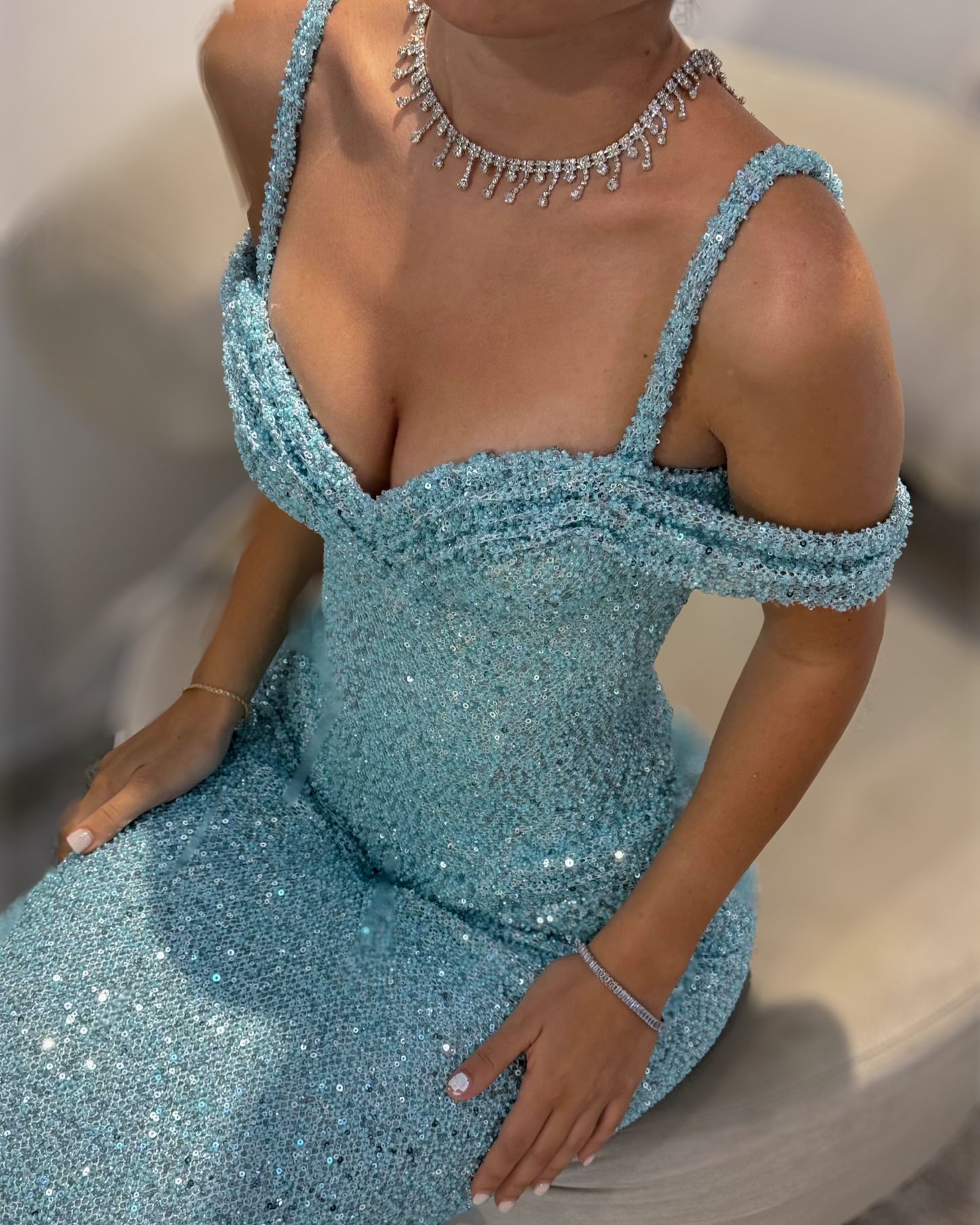Ice Blue Sequin Corset Evening Gown