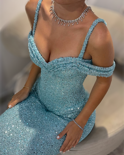 Ice Blue Sequin Corset Evening Gown