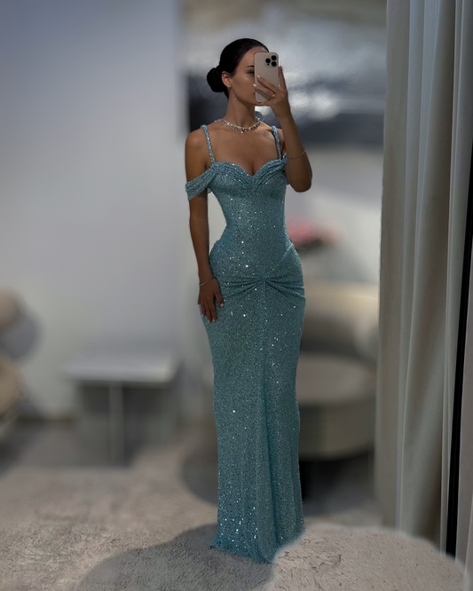 Ice Blue Sequin Corset Evening Gown