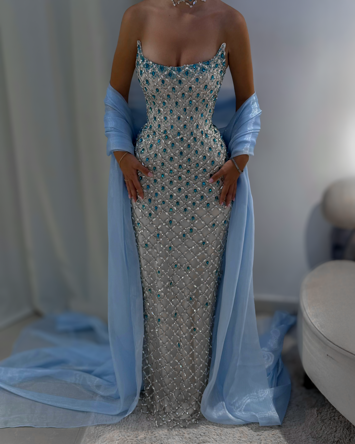 Ice Blue Crystal Column Gown With Draped Shawl