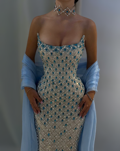 Ice Blue Crystal Column Gown With Draped Shawl