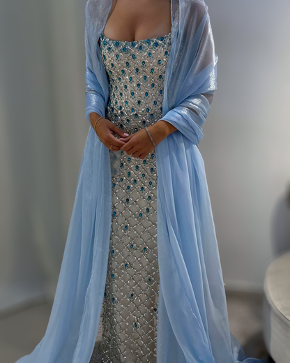 Ice Blue Crystal Column Gown With Draped Shawl