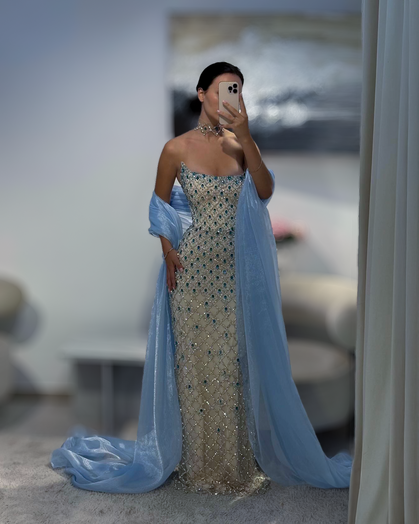 Ice Blue Crystal Column Gown With Draped Shawl