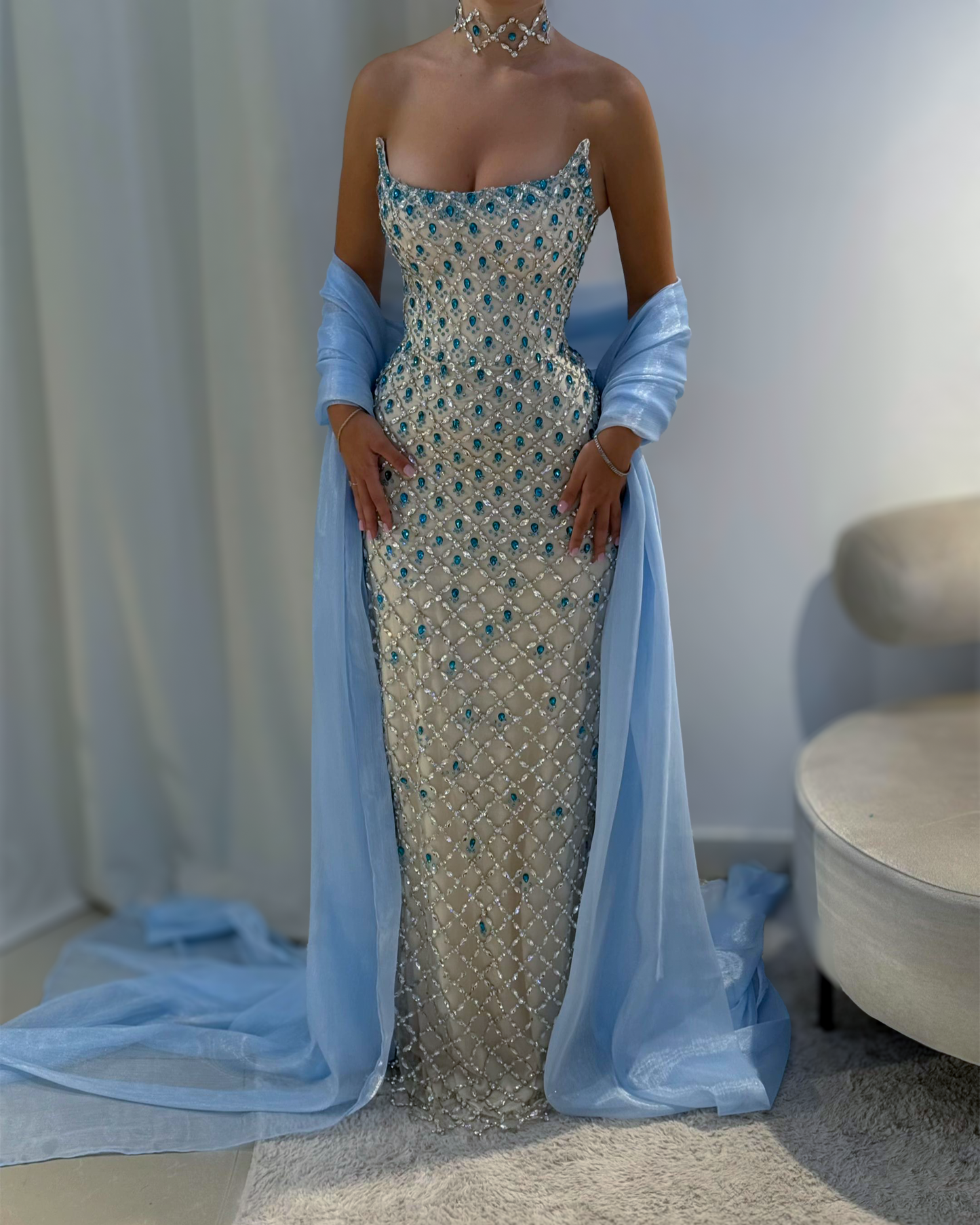Ice Blue Crystal Column Gown With Draped Shawl