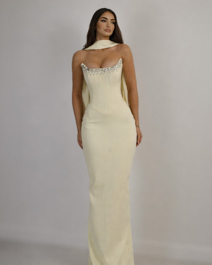 Ivory Crystal Corset Column Gown with Scarf Detail