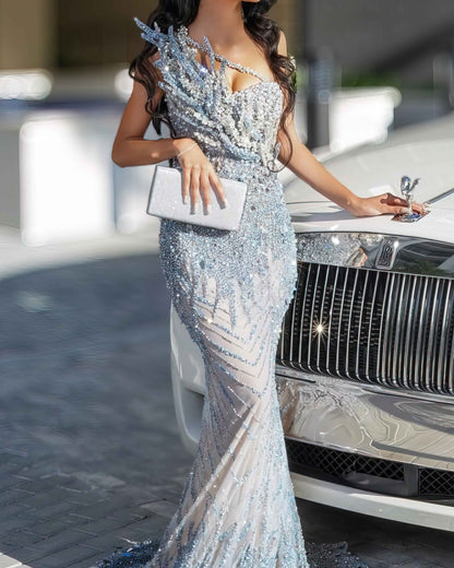 Blue Crystal Corset Dress with Sculpted Shoulder Detail