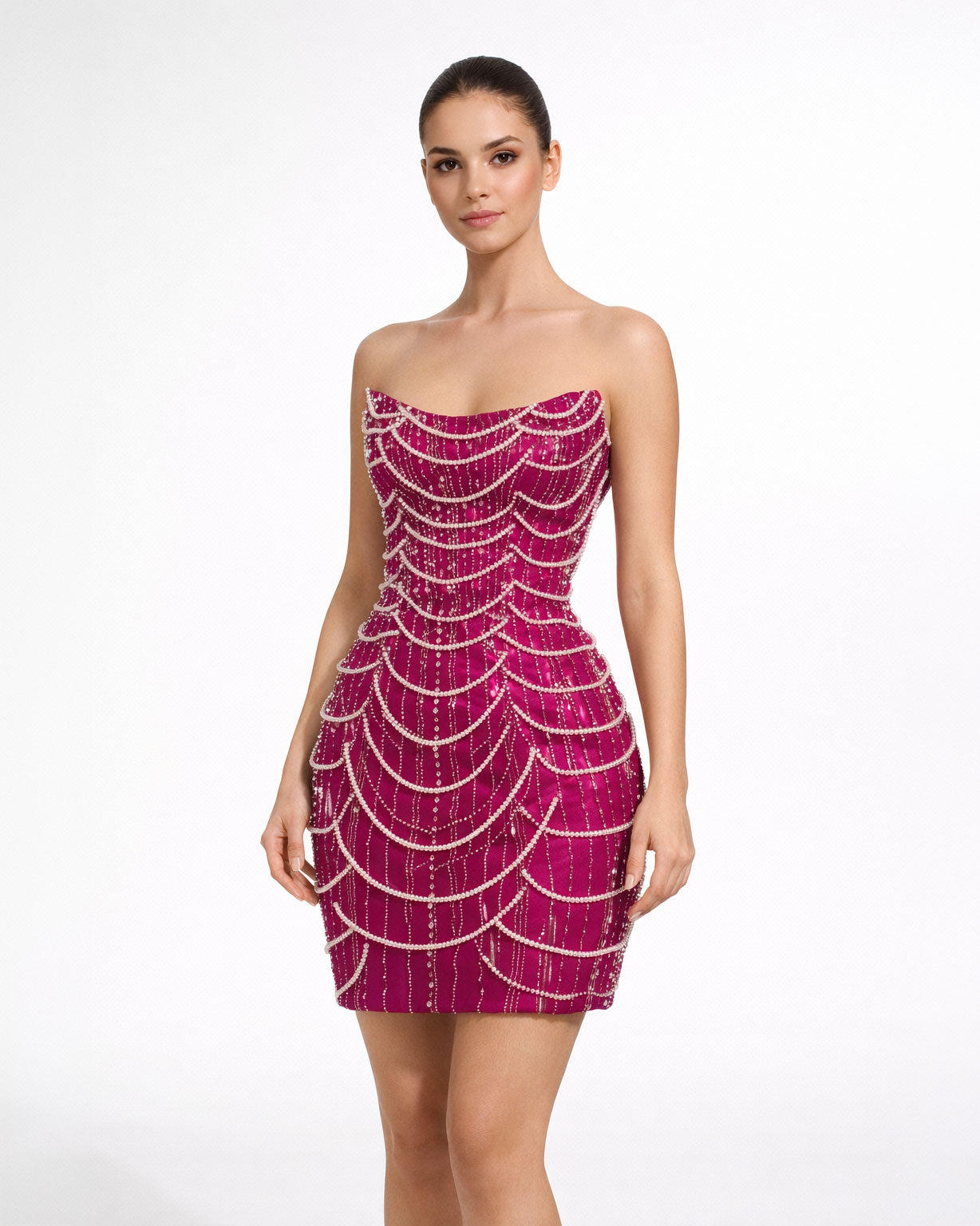Fuchsia Pearl Embellished Mini Dress