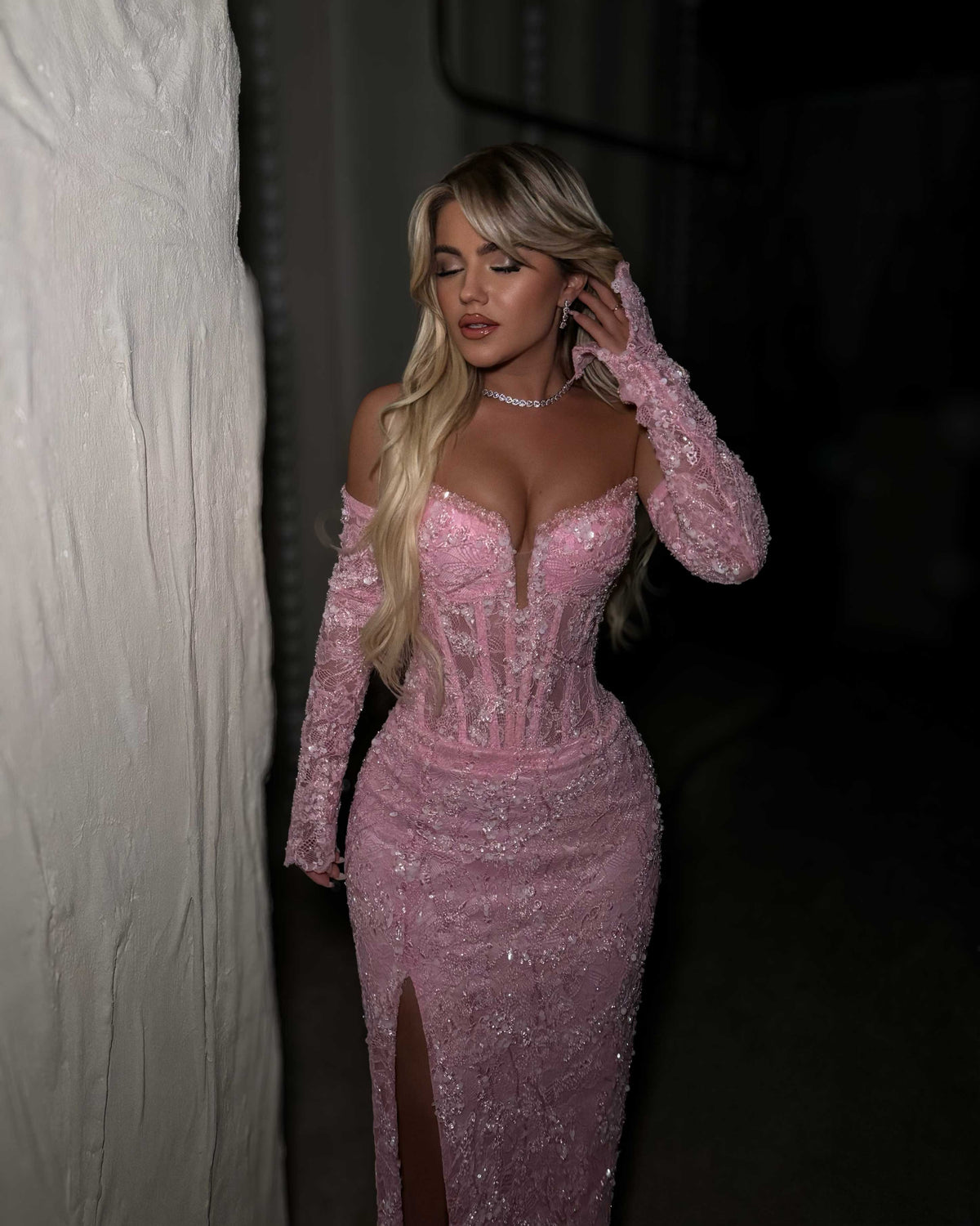 Blush Pink Off-Shoulder Lace Corset Evening Gown with Beaded Embellishment