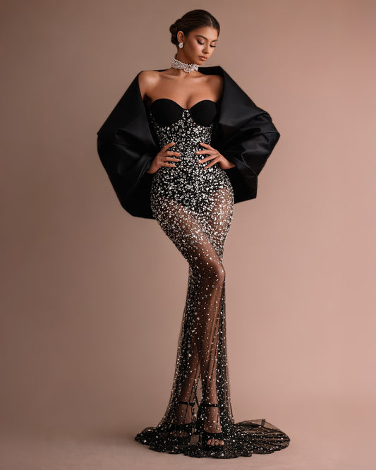 Black Crystal Corset Gown with Sheer Embellished Skirt
