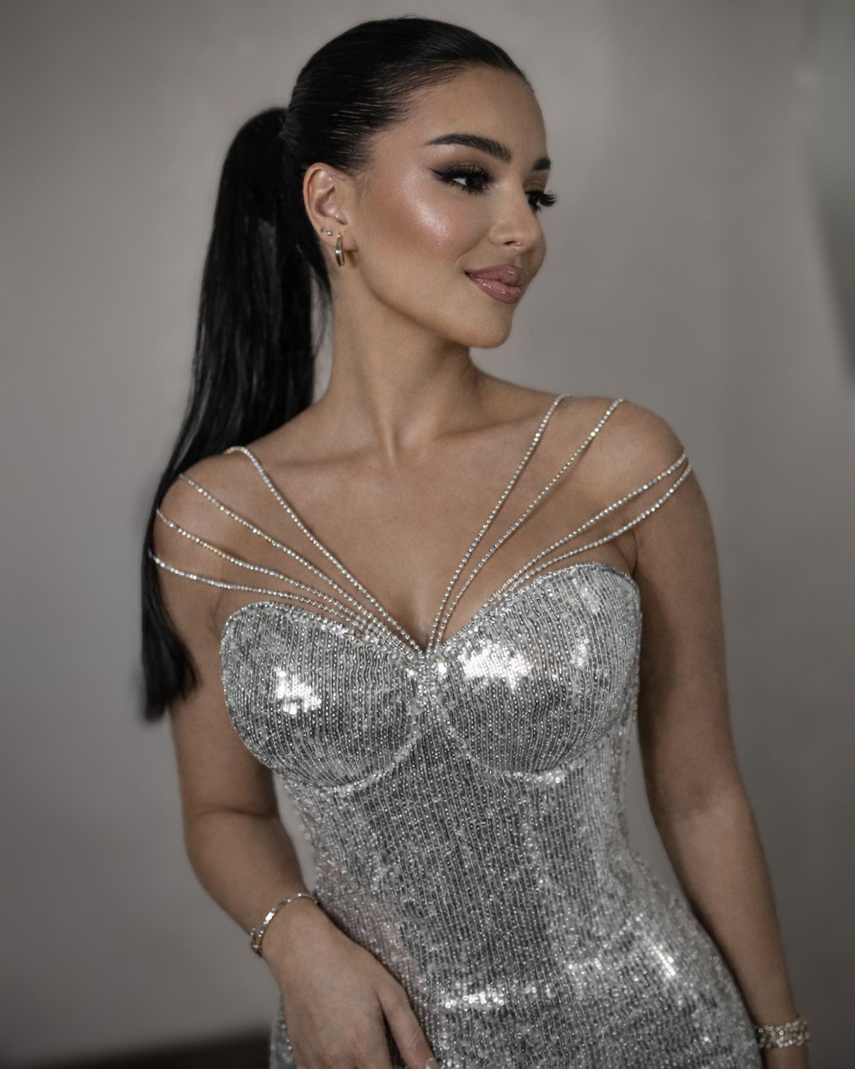Silver Crystal Corset Mermaid Gown with Beaded Straps