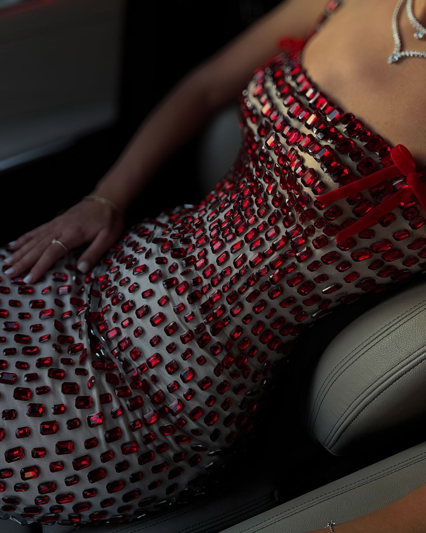 Red Beaded Corset Column Gown
