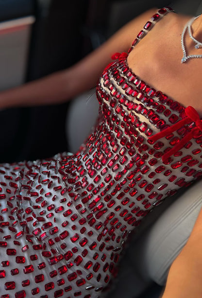 Red Beaded Corset Column Gown