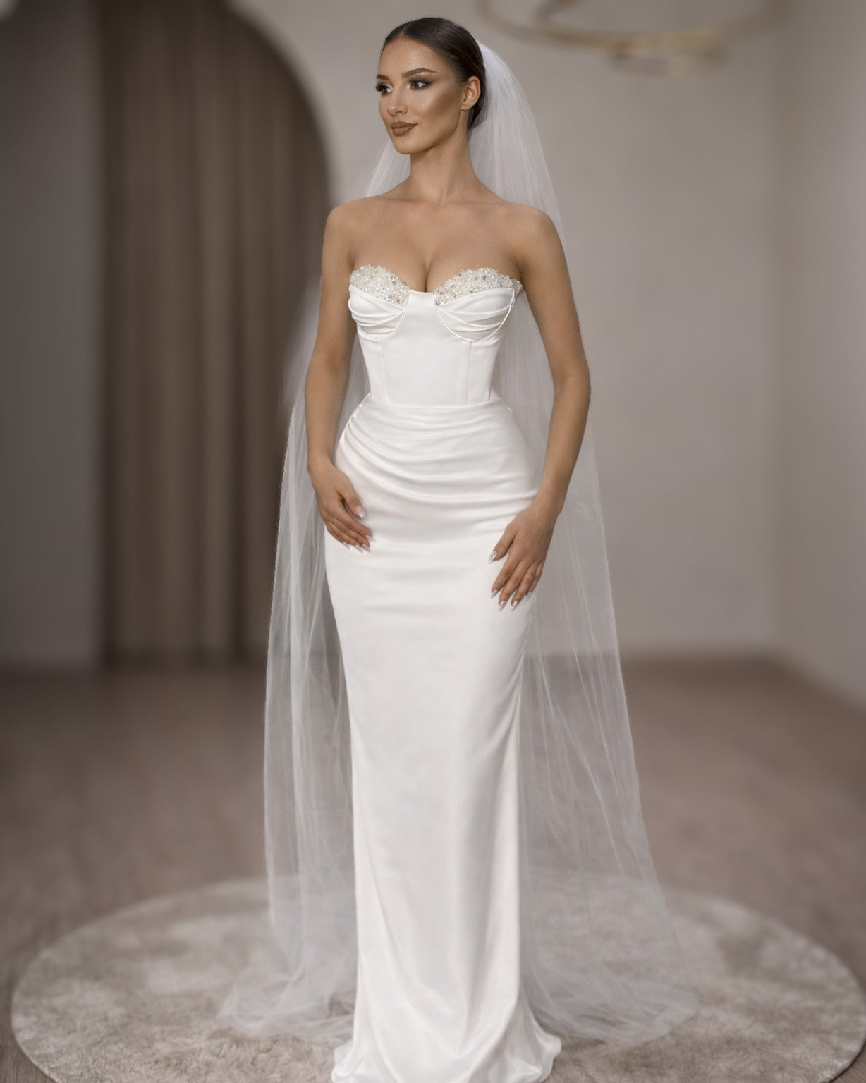 Ivory Strapless Corset Bridal Gown with Crystal Bust and Column Skirt