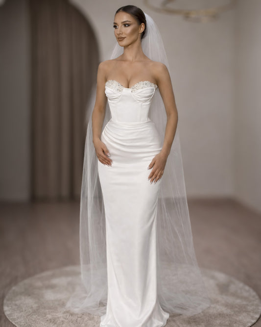 Ivory Strapless Corset Bridal Gown with Crystal Bust and Column Skirt