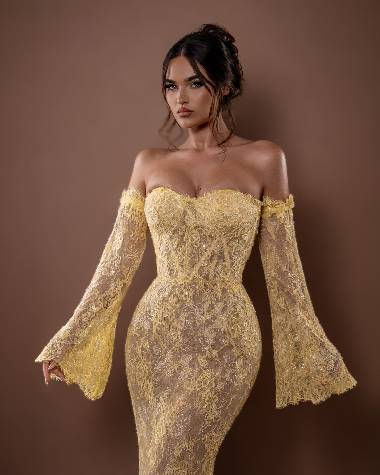 Butter Yellow Off-Shoulder Lace Mermaid Gown