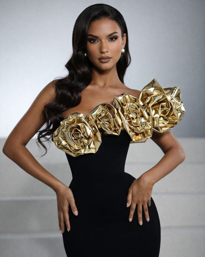 Black Sculpted Corset Gown with Gold Floral Bodice